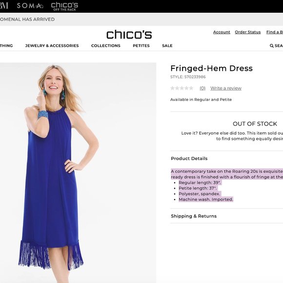 NWT Royal Blue Chicos Fringed-Hem Dress, Size 1 (comparable to small or 4) - Picture 2 of 15